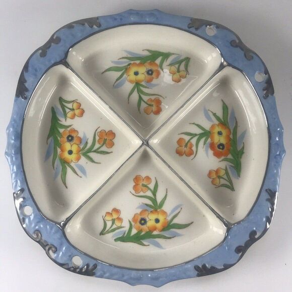 Moriyama Hand Painted 4 Section Divided Serving Bowl Dish Japan Poppies Floral - Picture 1 of 11